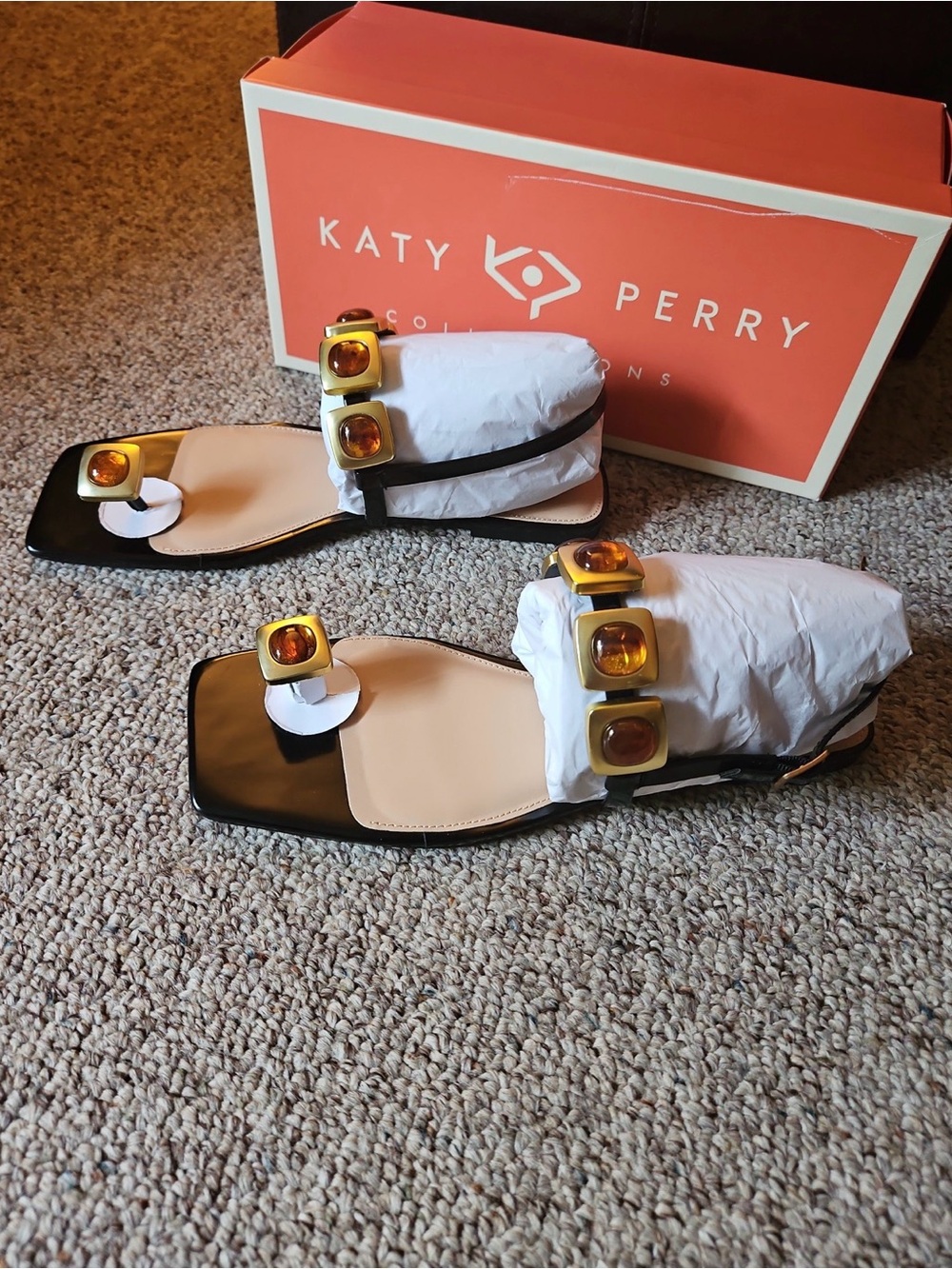 Katy Perry Collections Black Patent Slide Sandals with Amber Accent - Picture 2 of 6